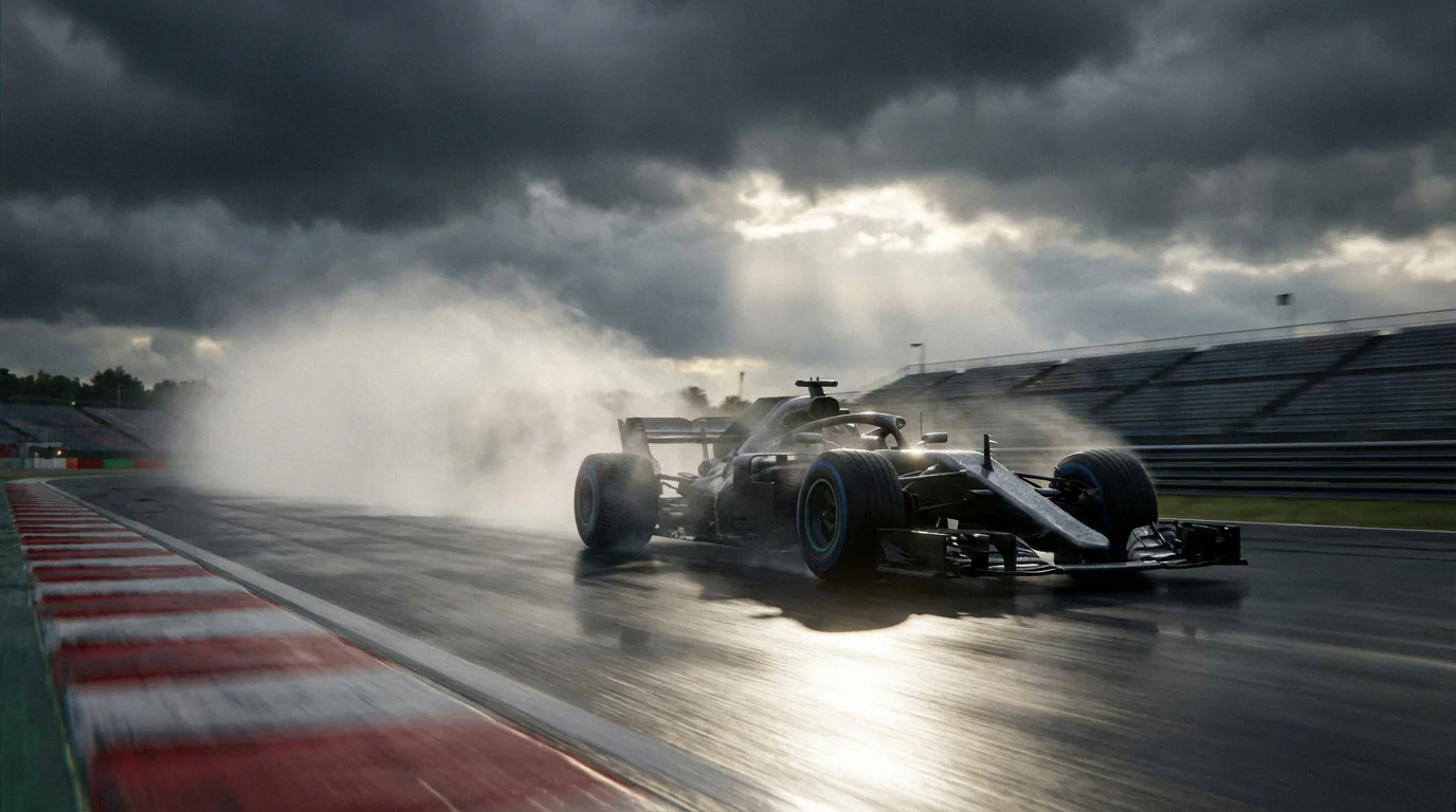 Formule 1-auto rijdt over een nat circuit met regenspatten en donkere wolken boven de baan