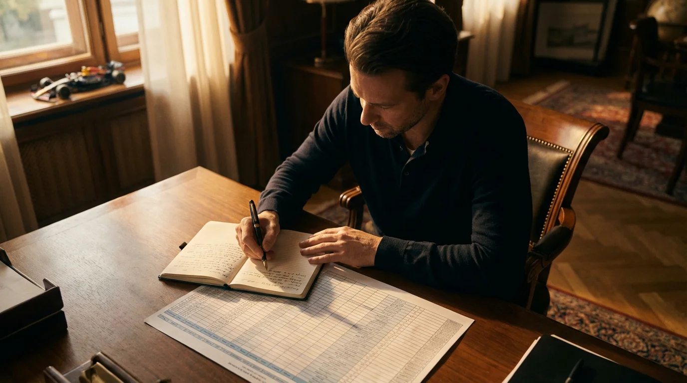 Coureur bestudeert racestatistieken aan een bureau met een notitieboek en pen naast een Formule 1-circuit