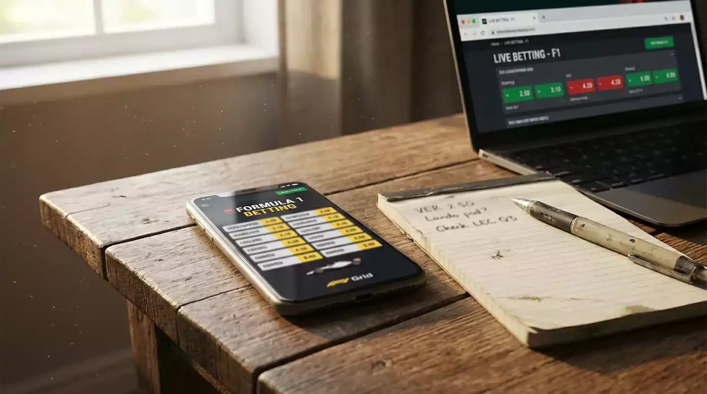 Smartphone met F1-weddenschappen naast een racecircuit op de achtergrond