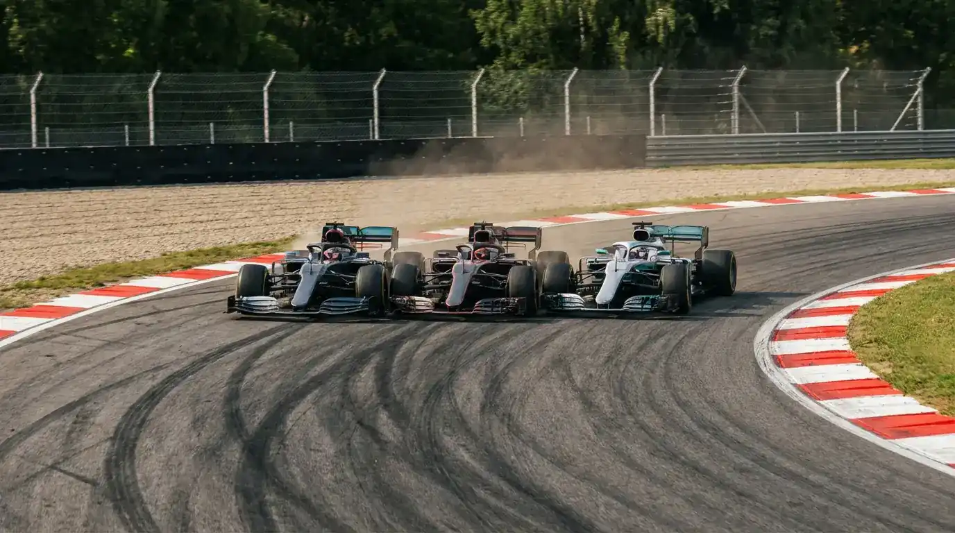 Meerdere Formule 1-auto's in gevecht op een circuit gezien vanuit vogelperspectief