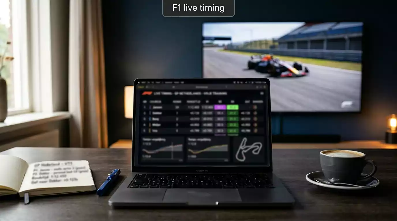 Laptopscherm met live rondetijden en sectordata naast een Formule 1-circuit tijdens een vrije training