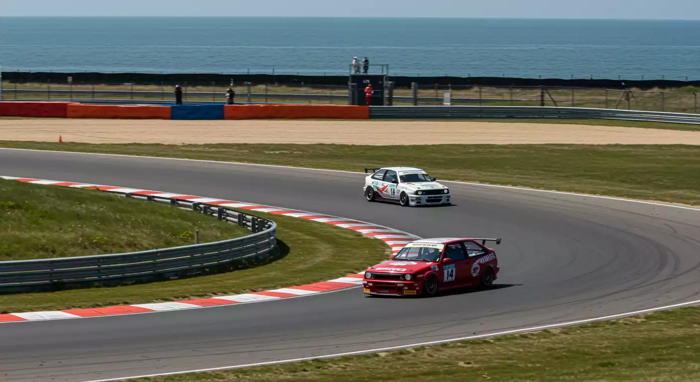 Circuit Zandvoort vanuit de duinen met oranje tribunes en een Formule 1-startveld