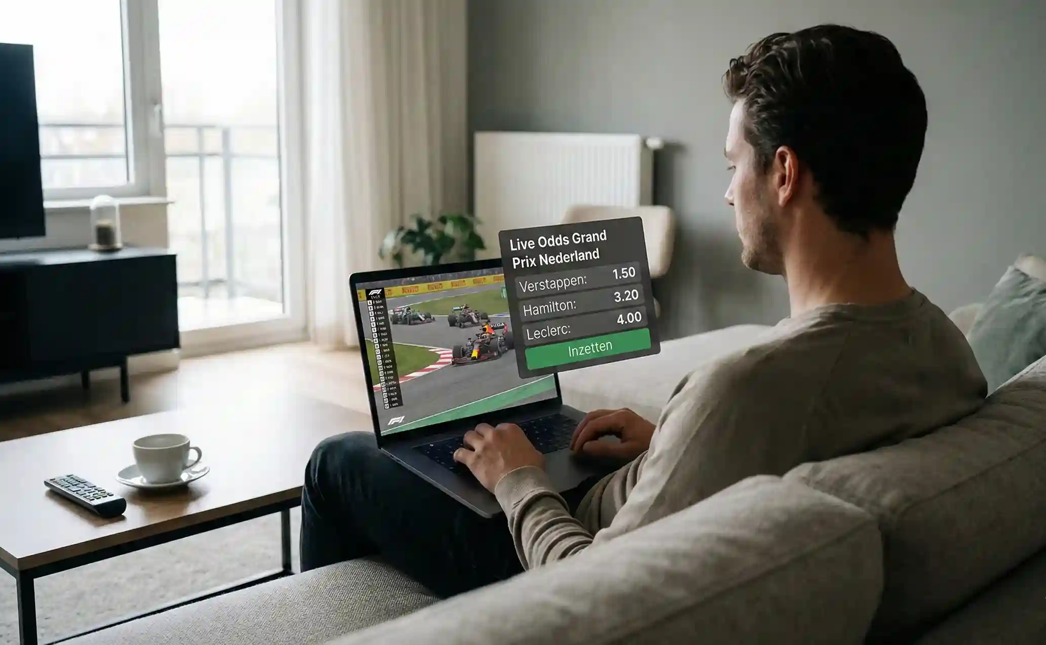 Persoon bekijkt live F1 odds op laptop tijdens race