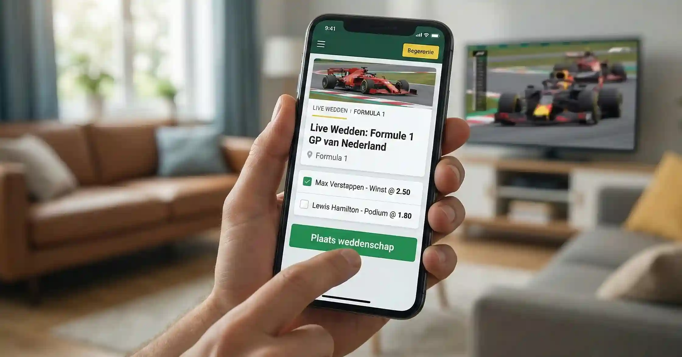 Persoon plaatst F1 weddenschap via smartphone app