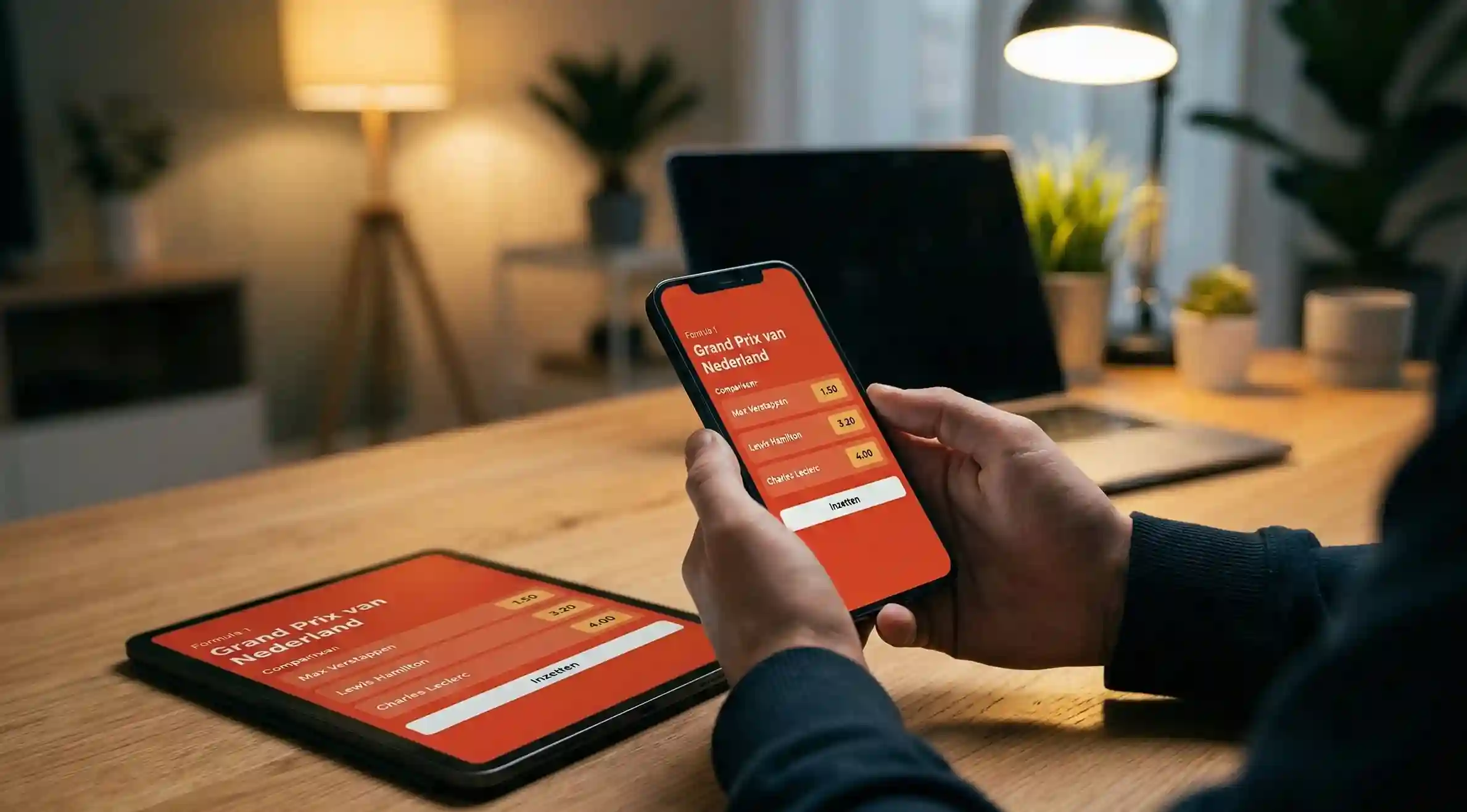 Persoon vergelijkt F1-quoteringen op smartphone en tablet