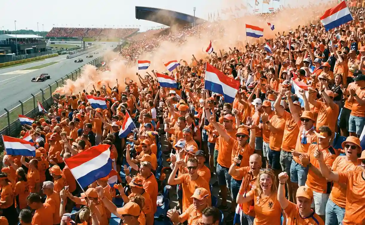 Nederlandse F1 fans in oranje kleding juichen op tribune