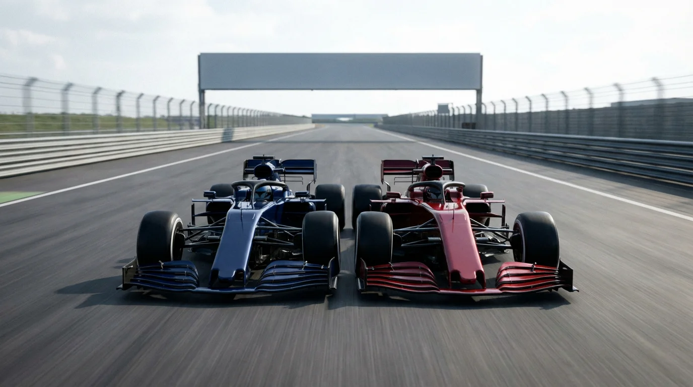 Twee Formule 1-auto's zij aan zij in een duel op het rechte stuk van het circuit