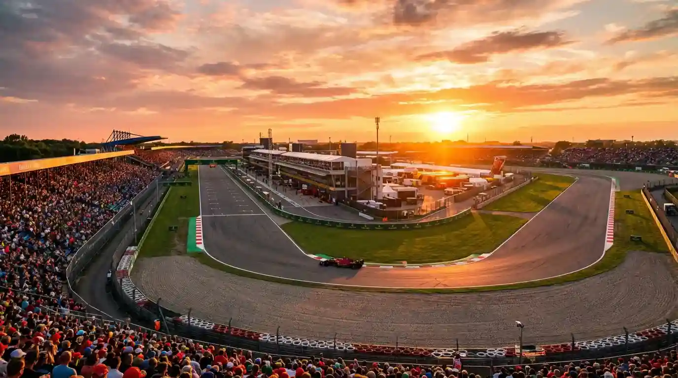 Panoramisch uitzicht over een Formule 1-circuit bij zonsondergang met volle tribunes