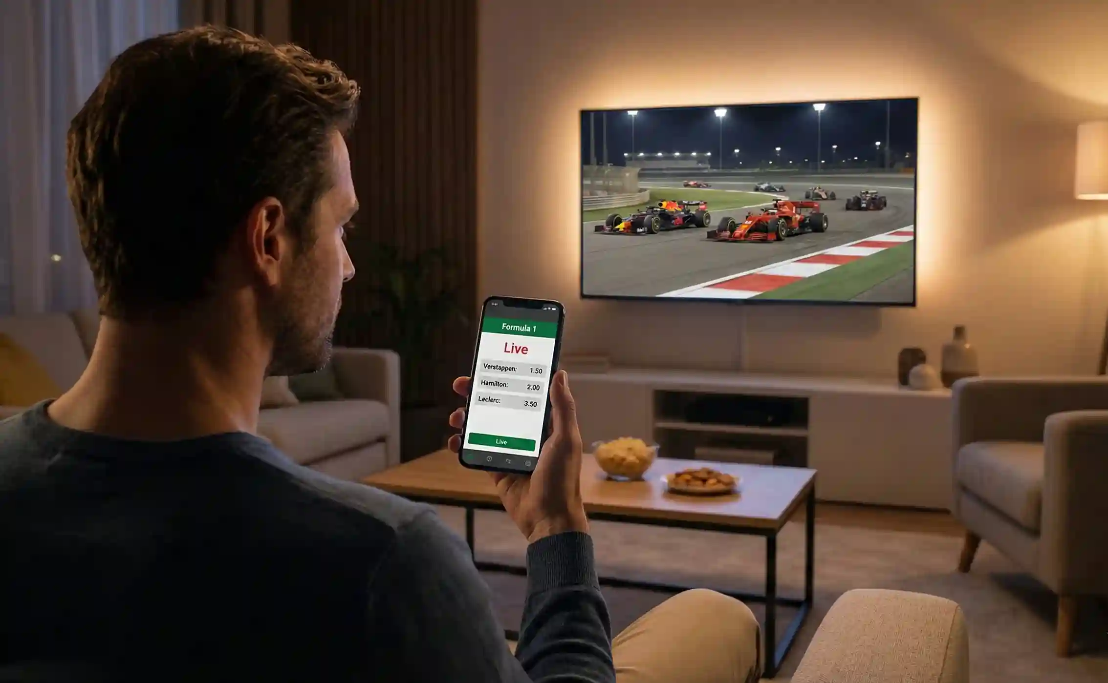 Fan kijkt F1-race op groot scherm met telefoon voor live wedden