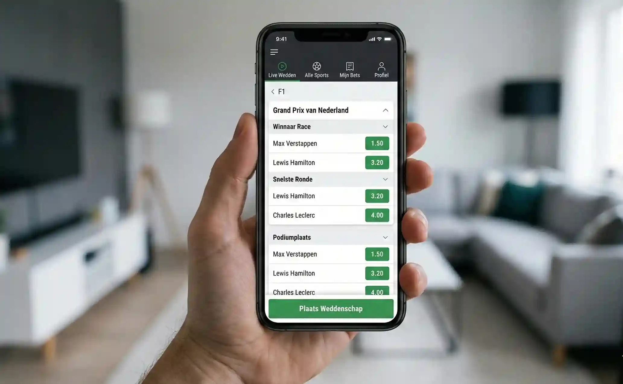 Moderne betting app interface op smartphone scherm
