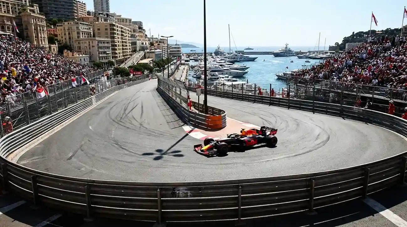 Formule 1-auto scheurt door de smalle straten van Monaco met de haven op de achtergrond