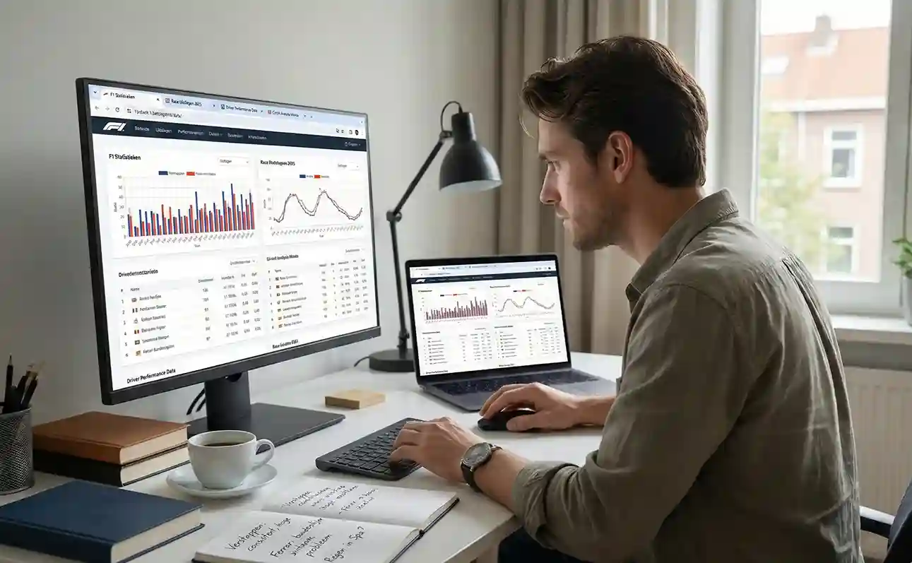 Persoon doet onderzoek naar F1 statistieken op computer