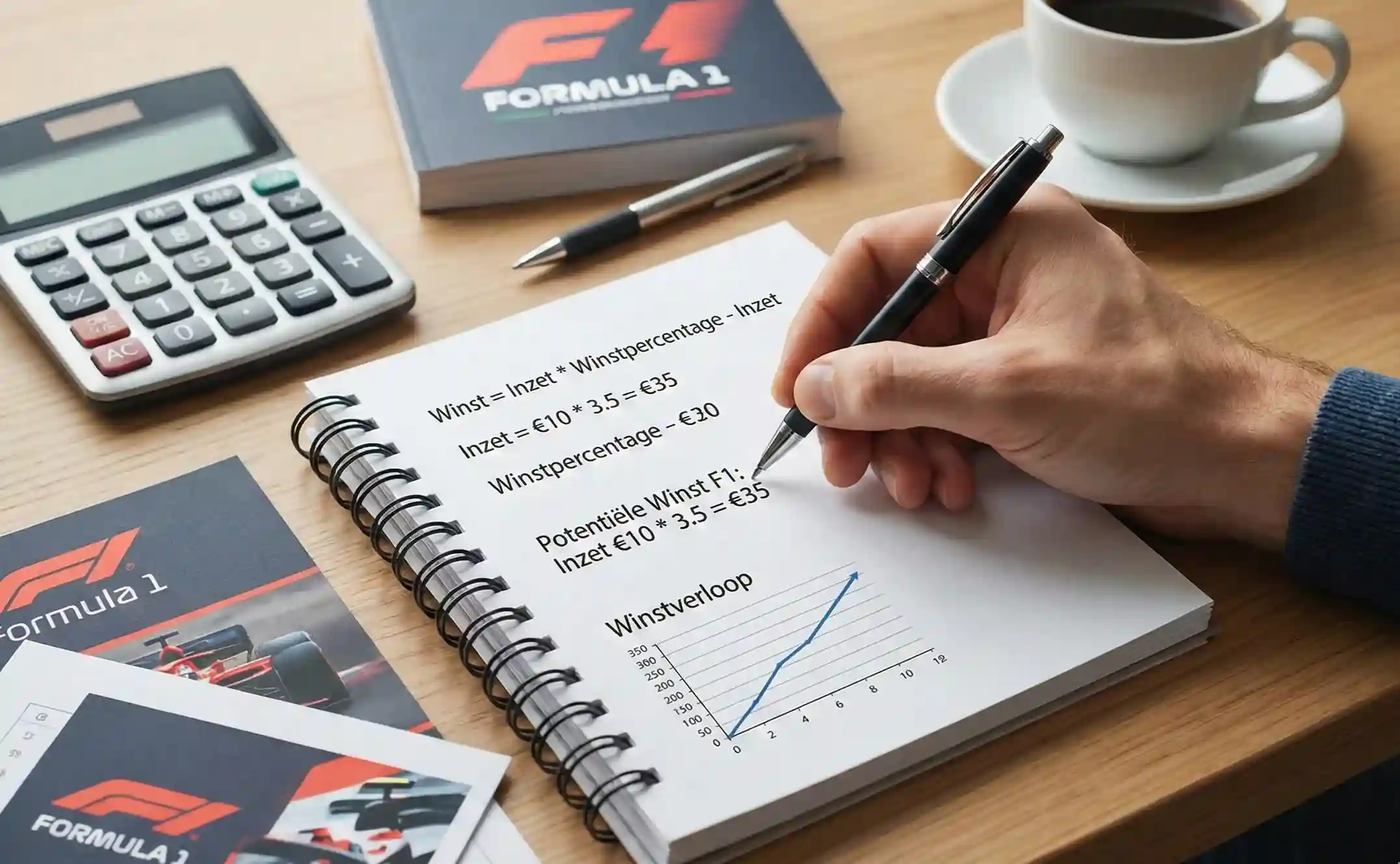 Hand met pen maakt berekeningen voor F1 weddenschappen