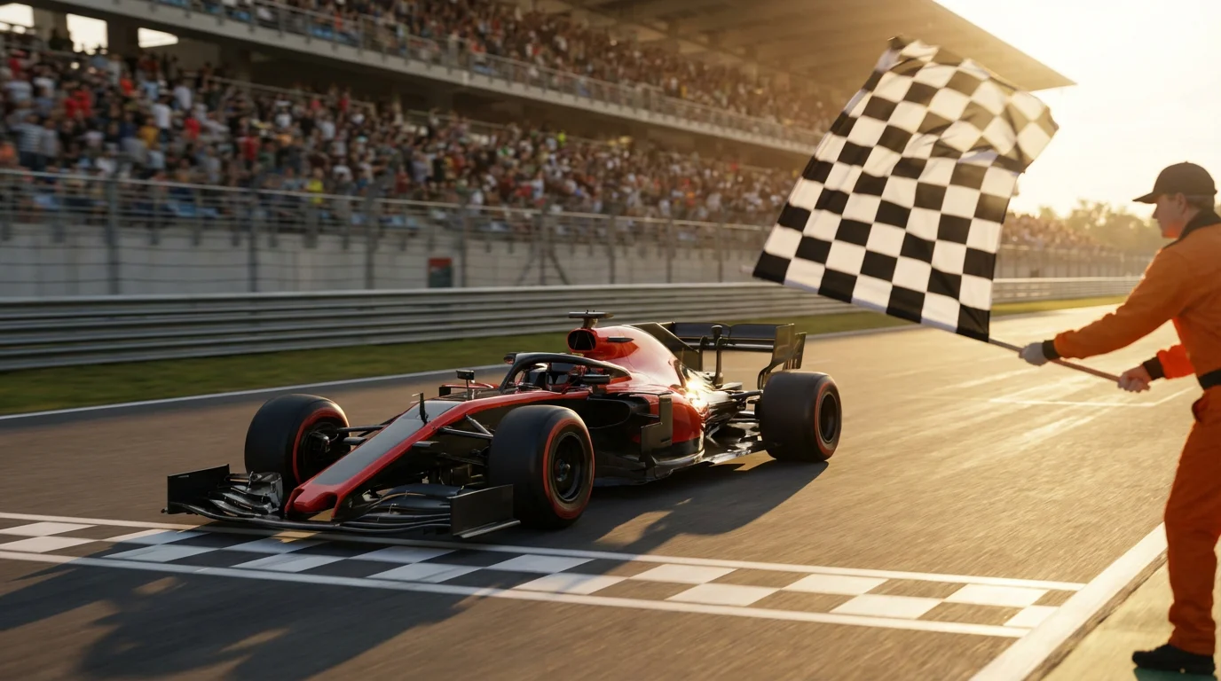 Formule 1-coureur passeert de finishlijn als eerste onder de geruite vlag
