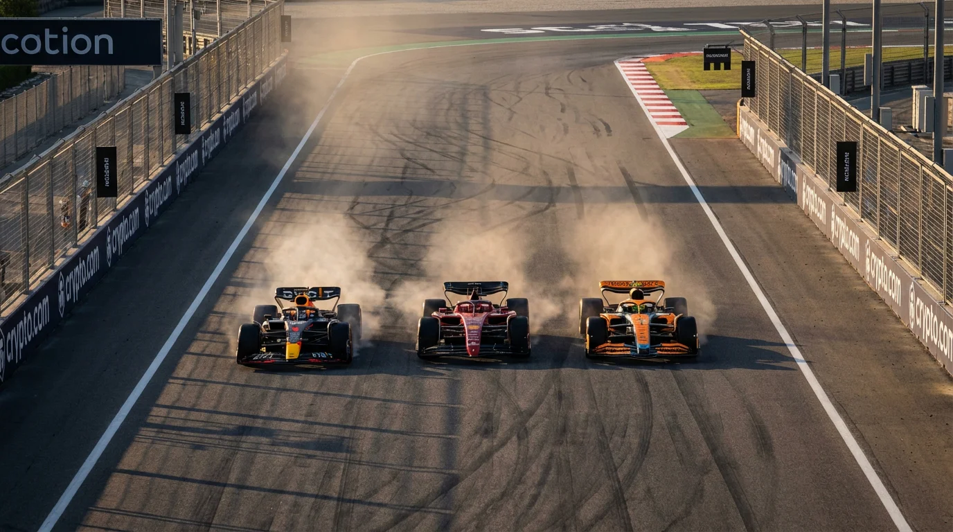 Formule 1-autos in gevecht op de baan tijdens een spannende race