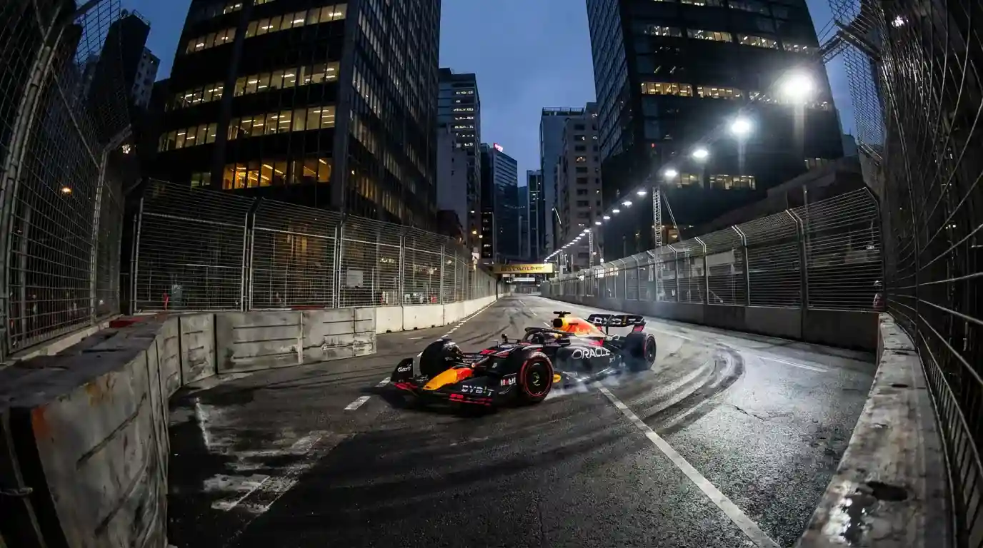Formule 1-auto passeert betonnen vangrails op een smal stratencircuit bij avondlicht