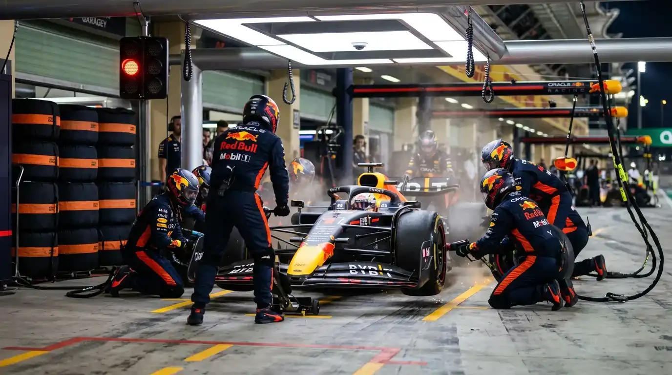 F1-pitcrew werkt aan een racewagen tijdens een pitstop met monteurs in actie