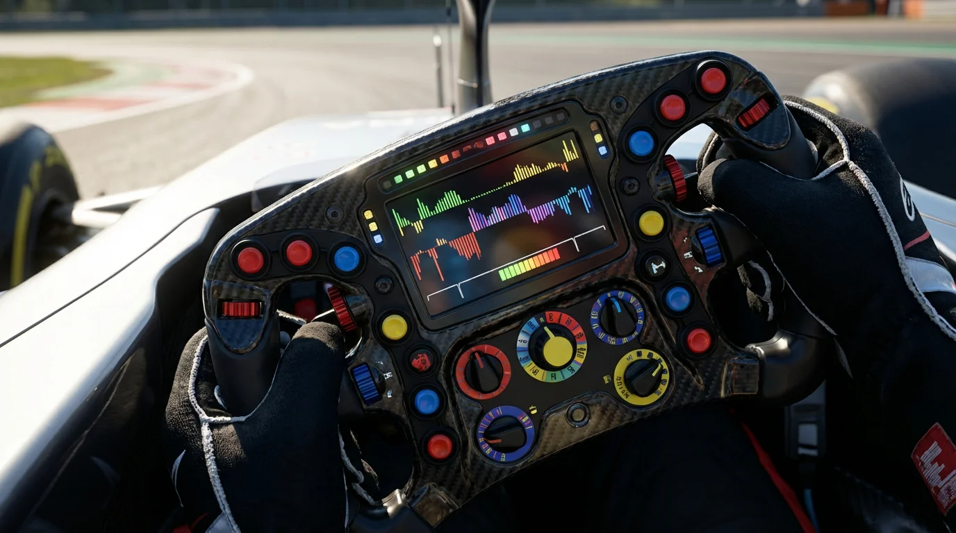 Close-up van een Formule 1-stuur met het circuit op de achtergrond