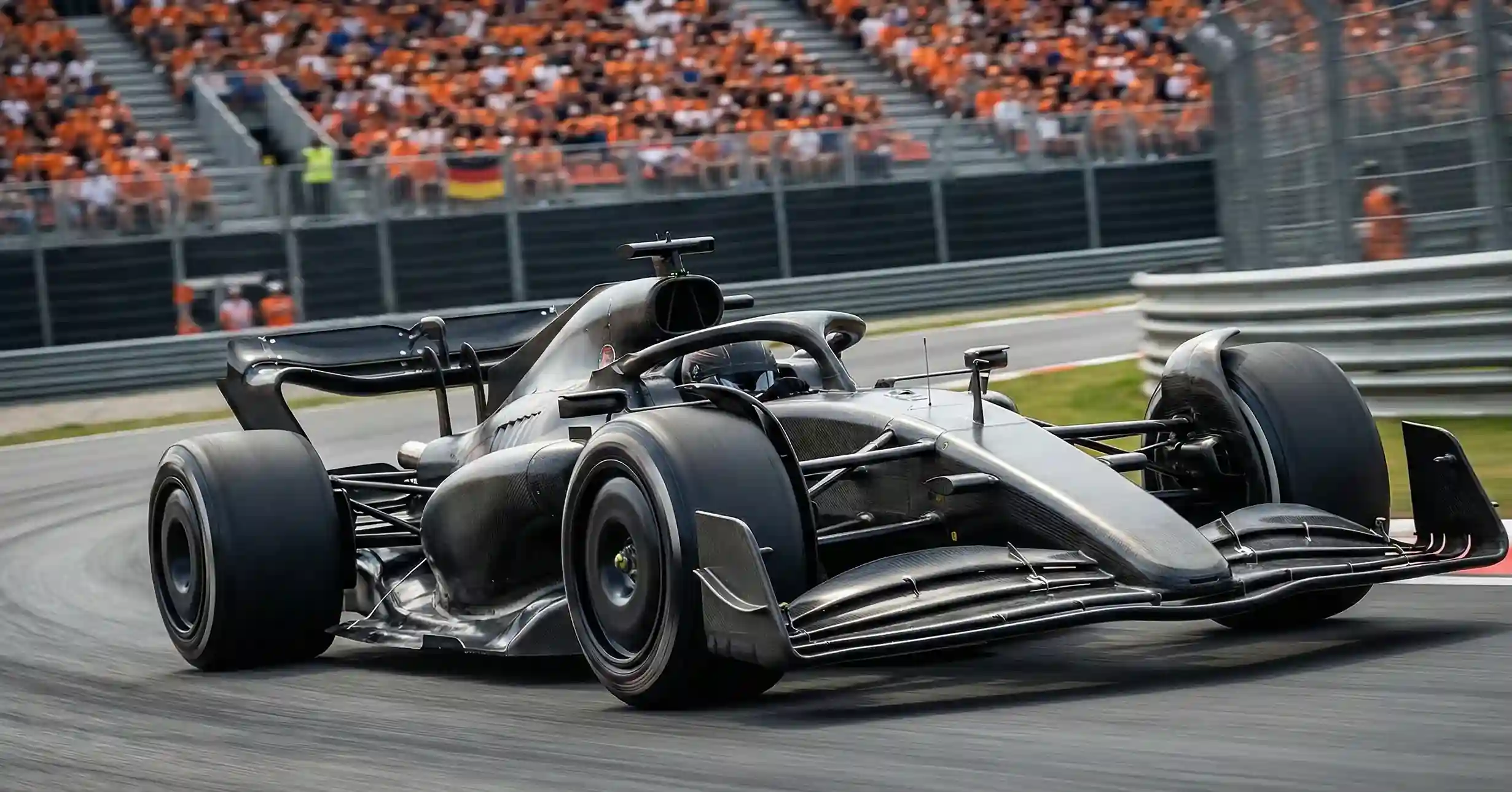 Formule 1-auto raast over het circuit met oranje tribunes op de achtergrond