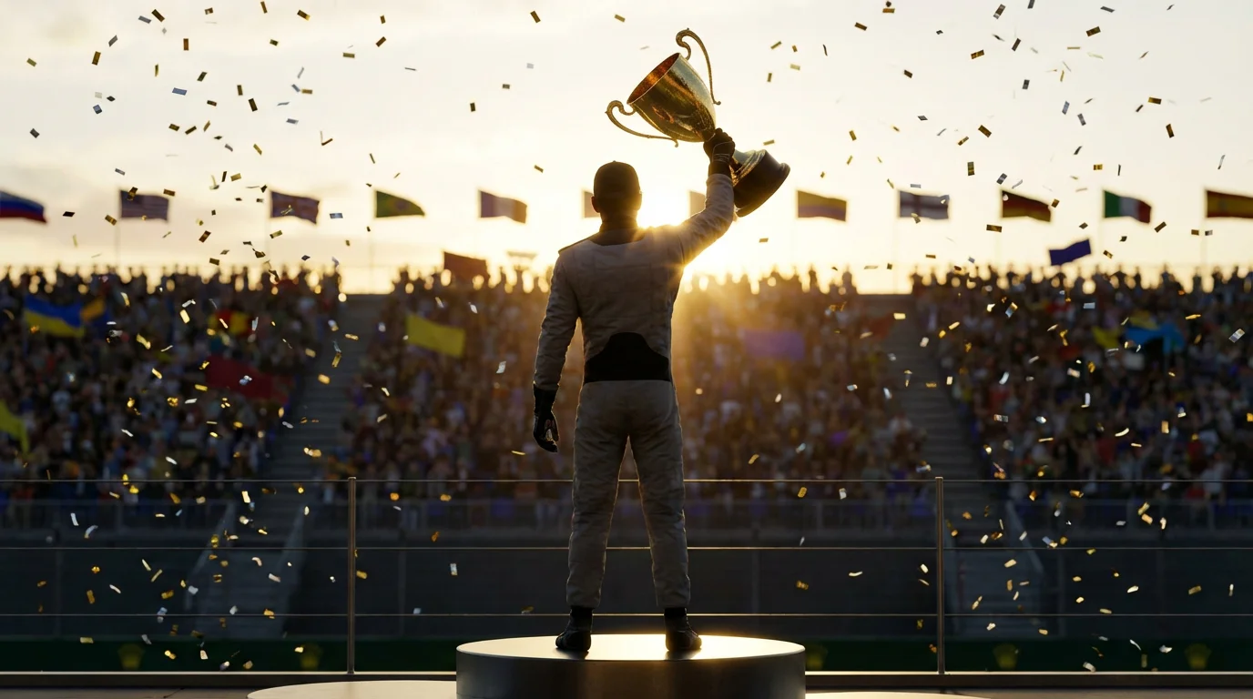 Formule 1-coureur tilt de wereldkampioenschapstrofee omhoog op het podium