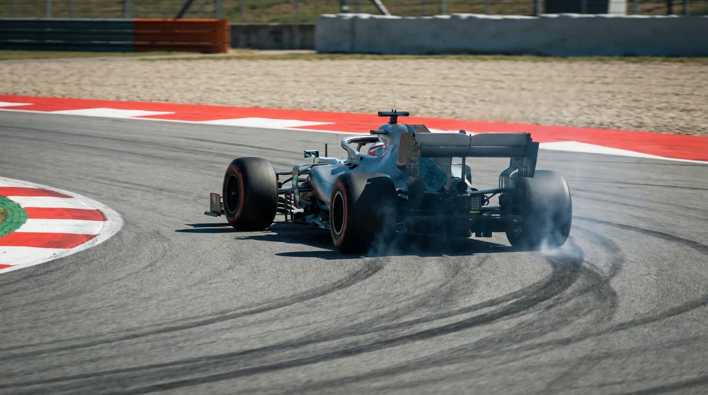 Formule 1-auto op het circuit met een coureur die een fout maakt bij het aanremmen
