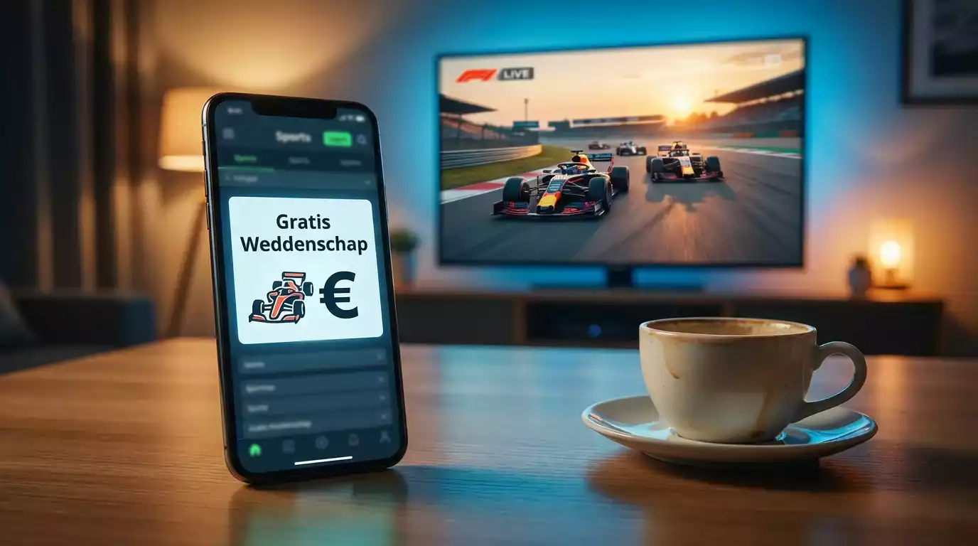 Gratis weddenschap-tegoed op een wedslip met een Formule 1-auto op de achtergrond