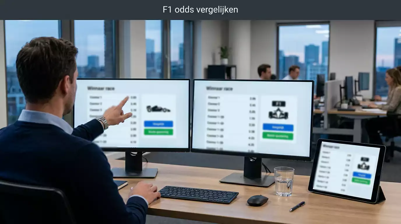 Meerdere schermen met verschillende F1-quoteringen naast elkaar op een bureau