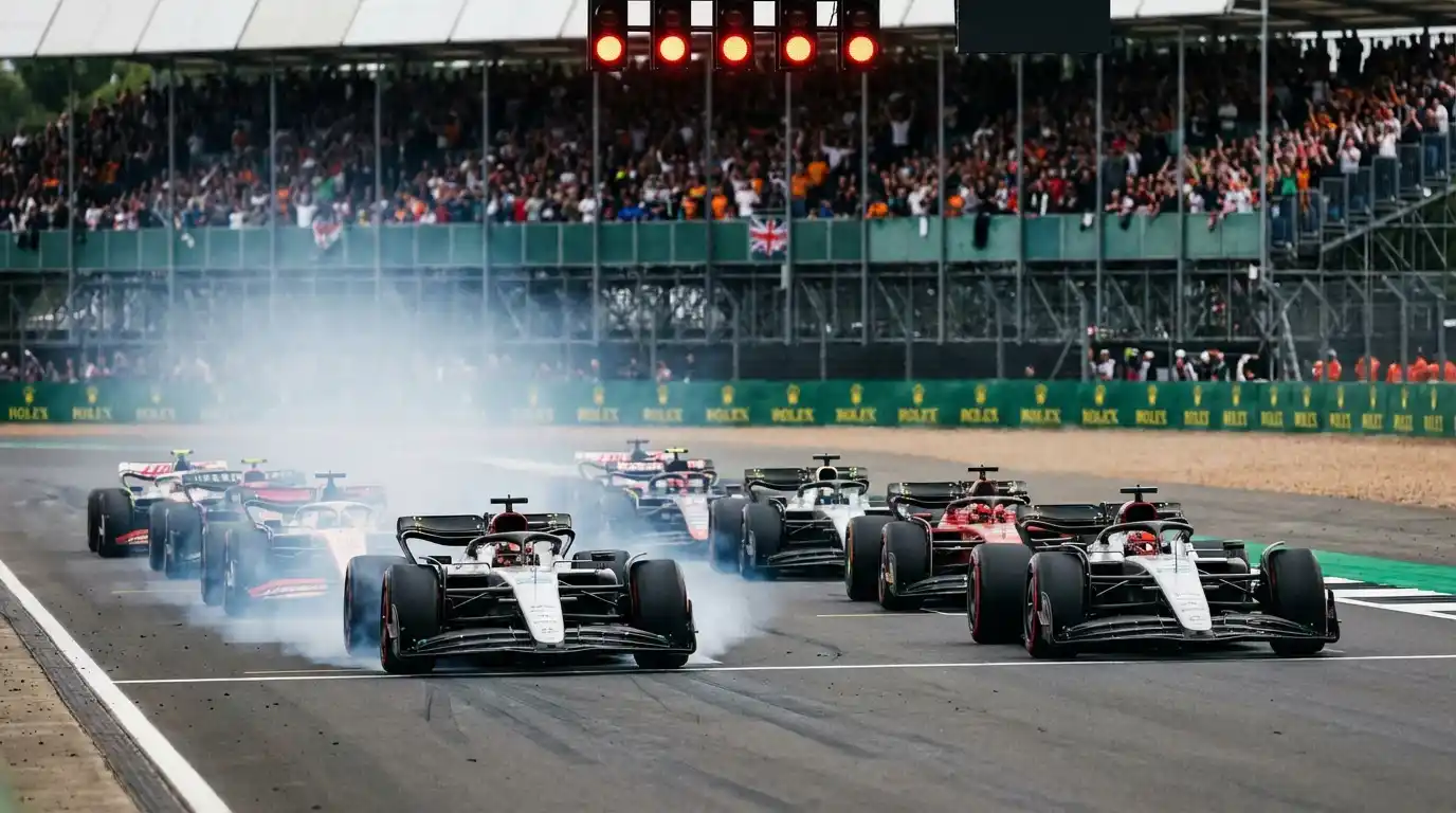 Formule 1-auto's starten zij aan zij op een racecircuit tijdens een sprintrace met volle tribunes
