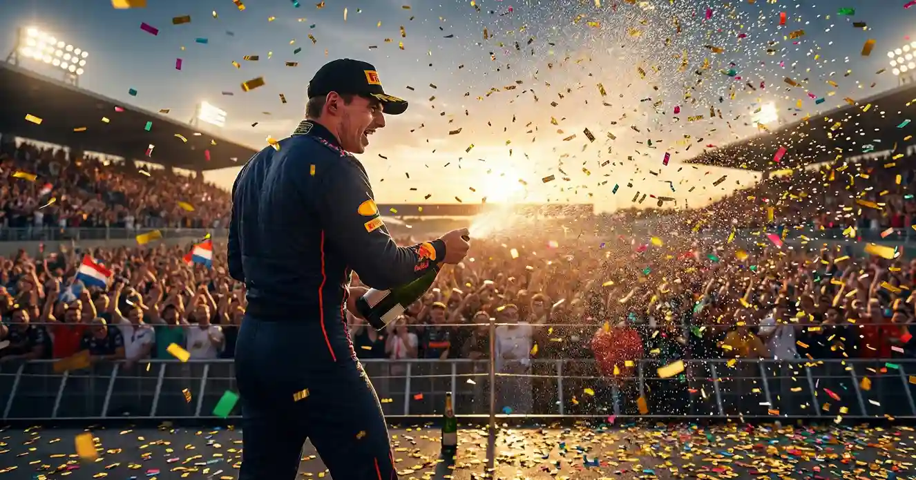 F1 coureur viert overwinning op het podium met champagne