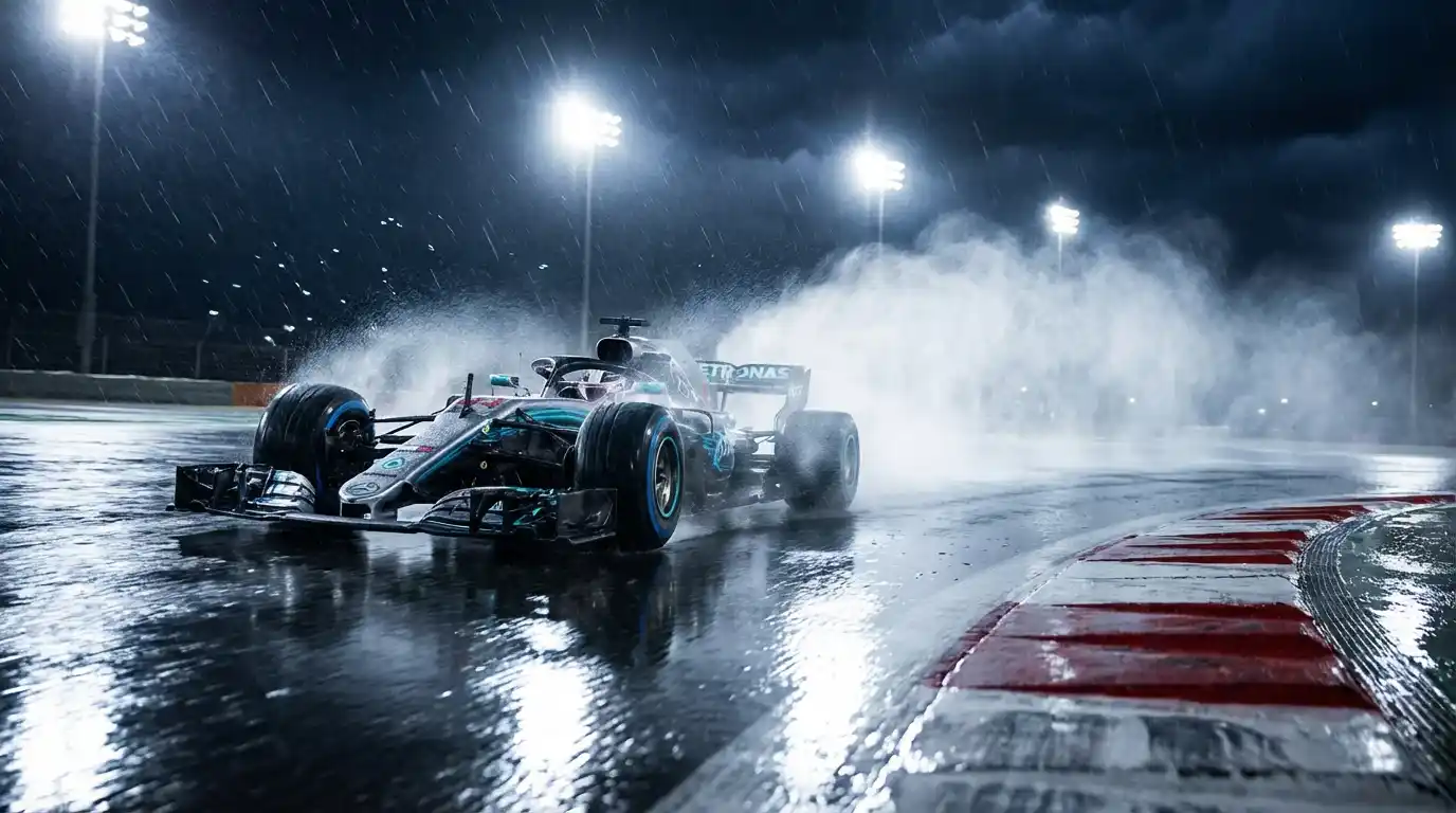 Formule 1-auto in volle vaart op een regenachtig circuit met opspattend water