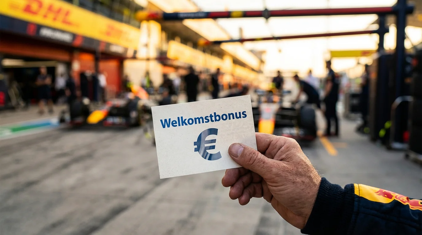 Hand die een welkomstbonus-voucher vasthoudt voor een Formule 1-circuit